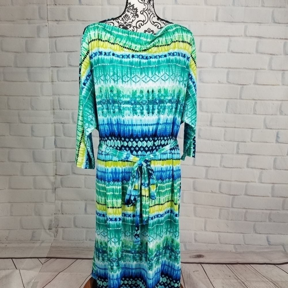Avenue stretch knit geo print tie waist dress
